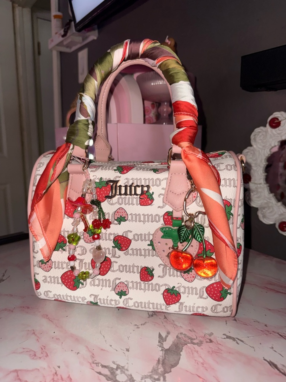 Juicy Couture Pink Strawberry & Cherry Print Satchel with Scarf-Wrapped Handles
